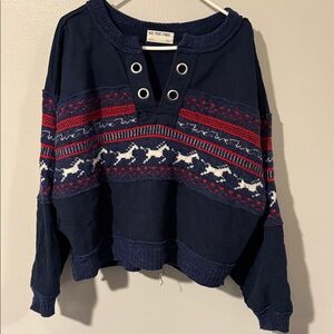 Free People We the Free Running Wild Horse Print Pullover Navy Combo XL